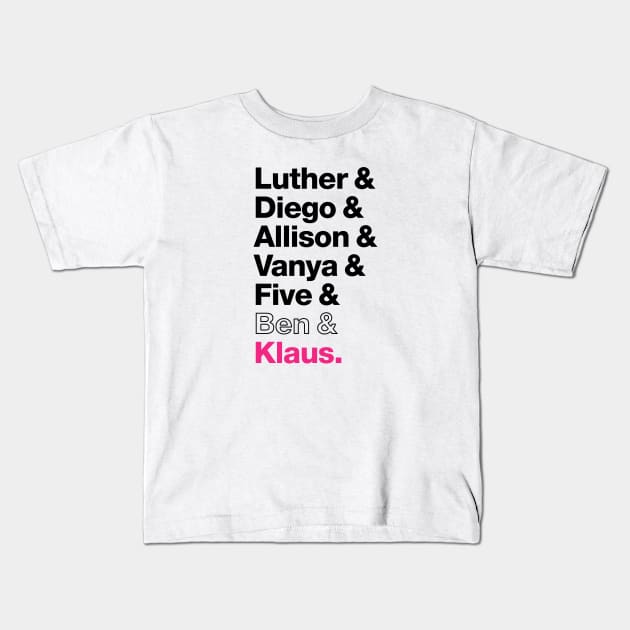 The Members of the Umbrella Academy - Black, Clear, Pink Kids T-Shirt by viking_elf